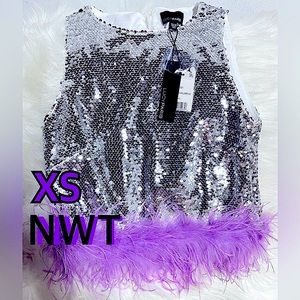 NWT (XS) silver sequin soft purple ostrich feather ruffle roundneck Lucy Paris